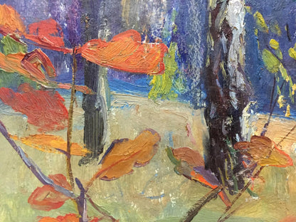 Oil painting of vibrant orange red autumn forest by Gantman Moisey Faibovich