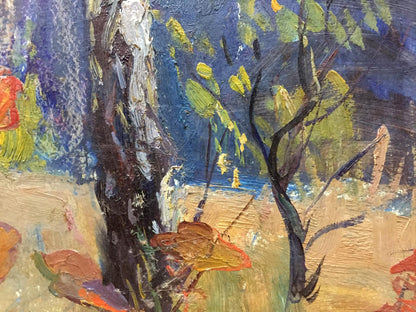 Oil painting of dark tree trunk in green foliage by Gantman Moisey Faibovich