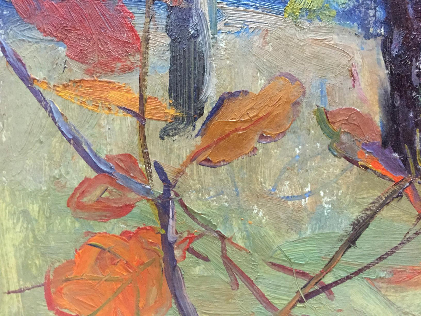 Oil painting of vibrant orange red autumn leaves on purple branches by Gantman Moisey Faibovich