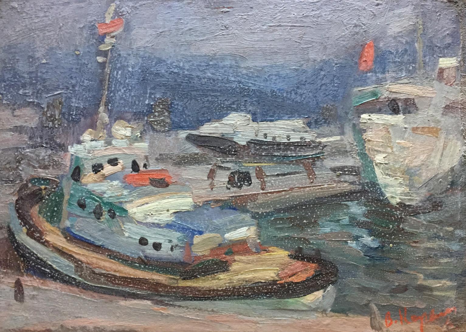 Oil painting Ship port V. Karpin textured harbor with turquoise tugboat