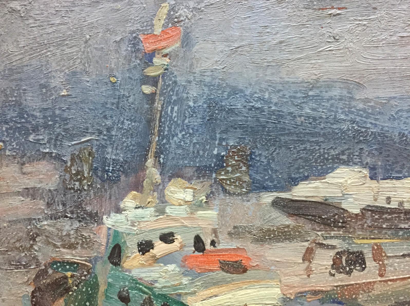 Oil painting Ship port V. Karpin: tall mast with red white sails coastal scene