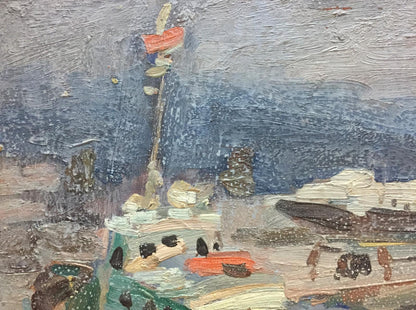 Oil painting Ship port V. Karpin: tall mast with red white sails coastal scene