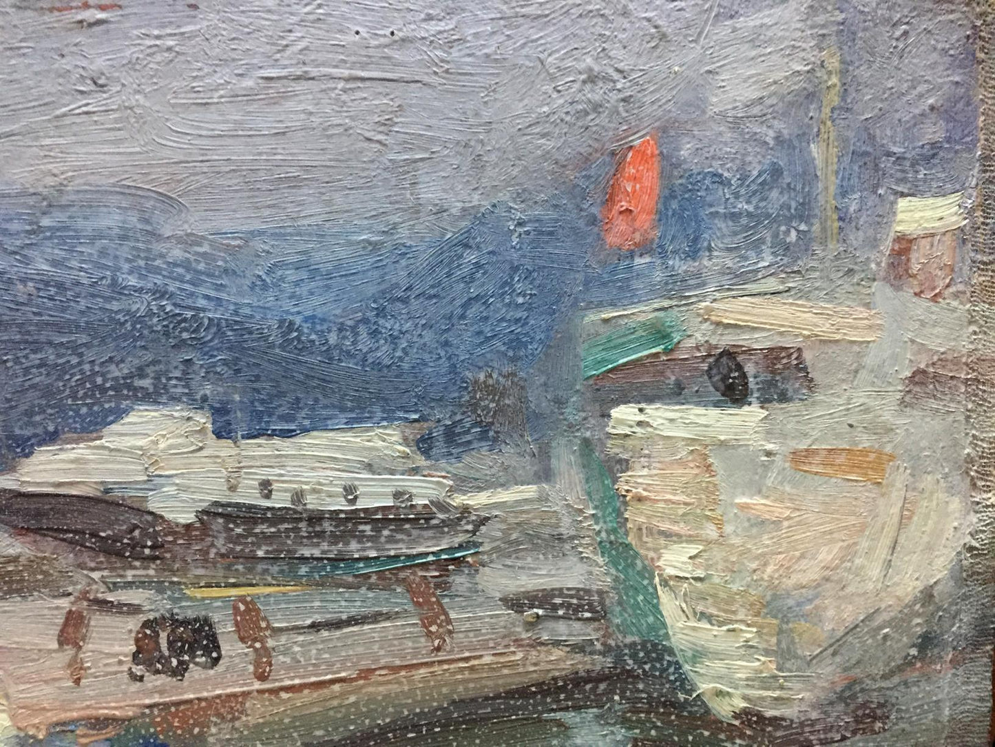 Oil painting Ship port V. Karpin: textured harbor with boats, orange buoy, cloudy sky