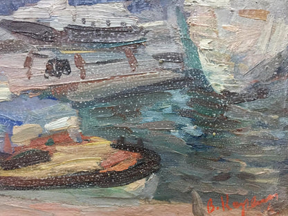 Oil painting Ship port V. Karpin with ship in choppy waters