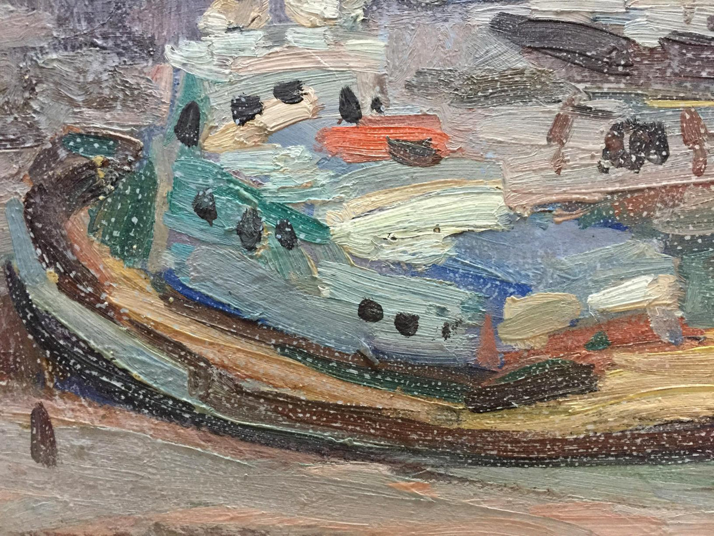 Textured impressionistic oil painting of ship in port by V. Karpin
