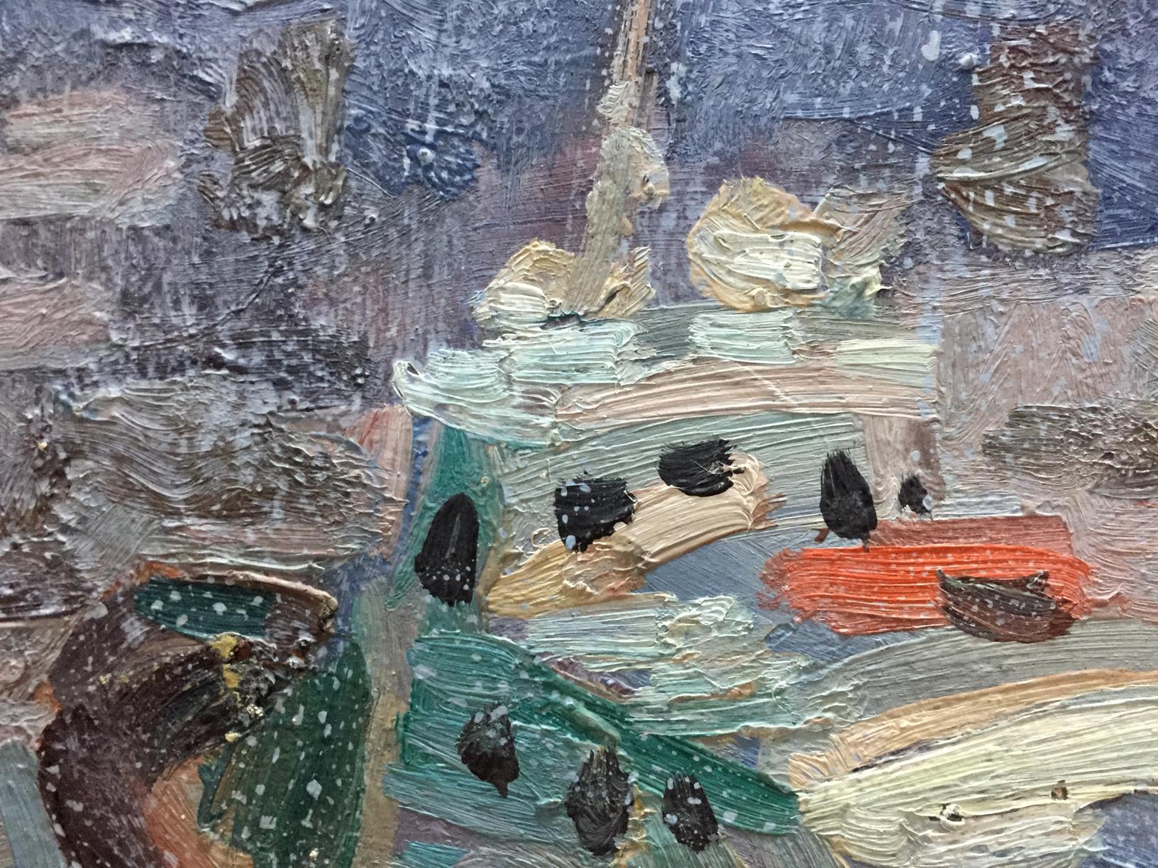 Oil painting Ship port V. Karpin with abstract impasto in blues and greens