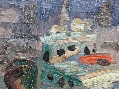 Oil painting Ship port V. Karpin with abstract impasto in blues and greens