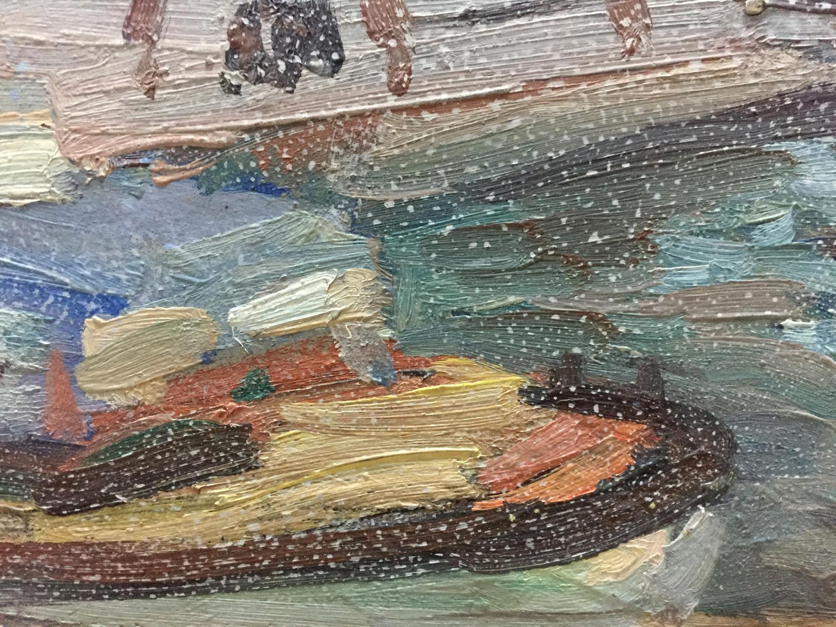 Oil painting Ship port V. Karpin textured boat in earthy tones blues