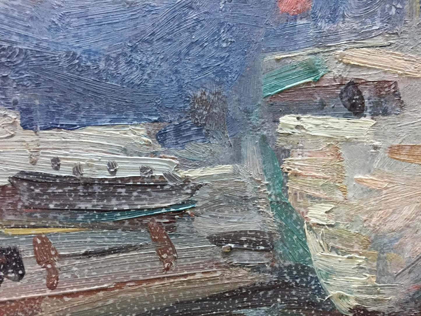 Textured oil painting of ship in port by V. Karpin, blue-gray-green brushstrokes
