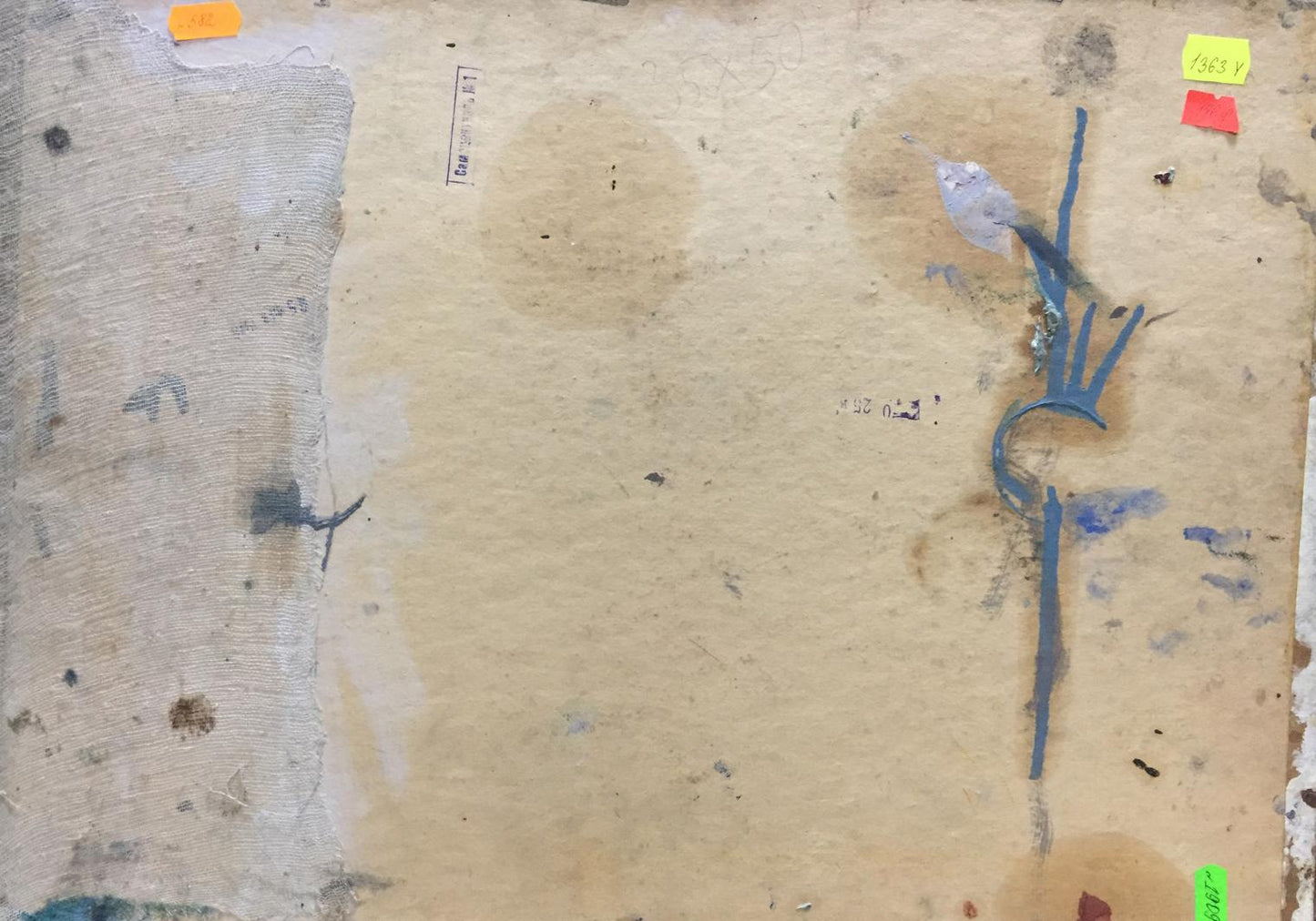 Back of Oil painting Ship port V. Karpin on weathered beige canvas with faded blue paint splatters