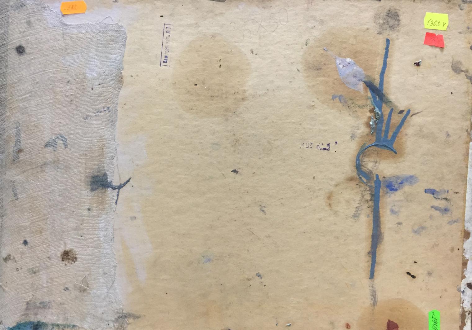 Back of Oil painting Ship port V. Karpin on weathered beige canvas with faded blue paint splatters
