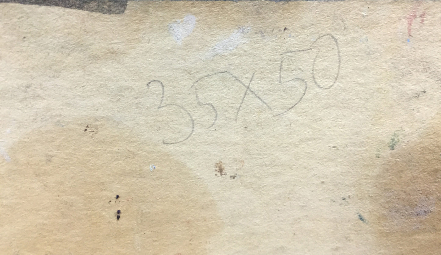 Back of Oil painting Ship port V. Karpin: faded beige paper with handwritten 35x50 in dark pencil