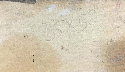 Back of Oil painting Ship port V. Karpin: faded beige paper with handwritten 35x50 in dark pencil