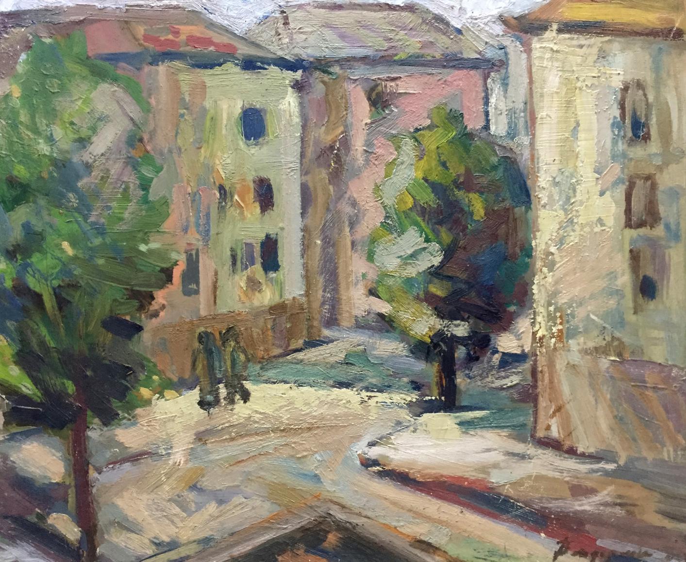 Oil painting of sunlit European city street with pastel buildings