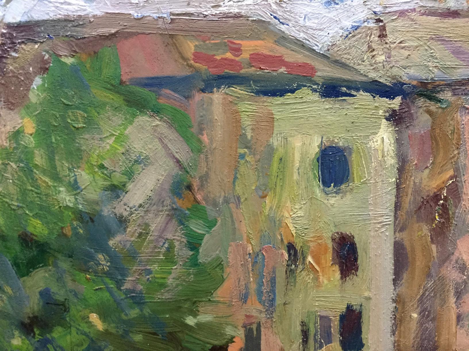 Textured oil painting of city landscape building with green foliage