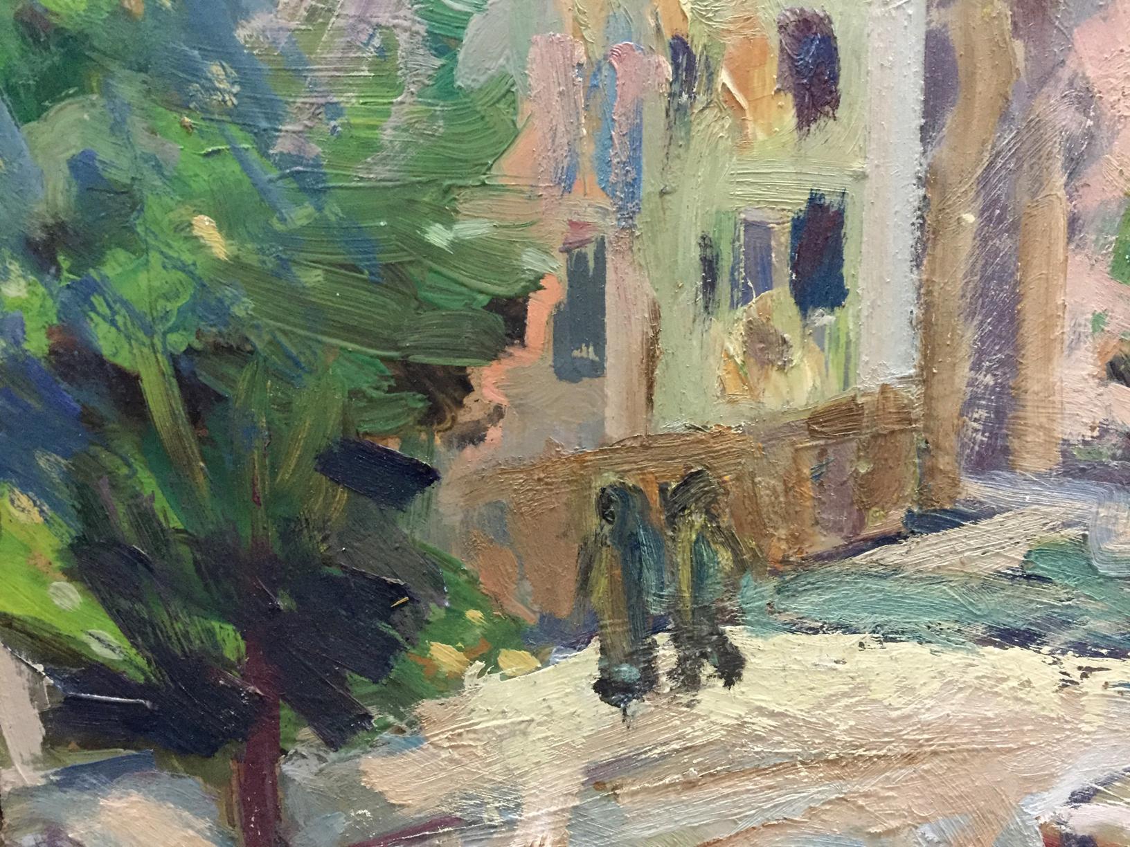 Vibrant green tree with bold brushstrokes beside pastel building in oil painting city landscape