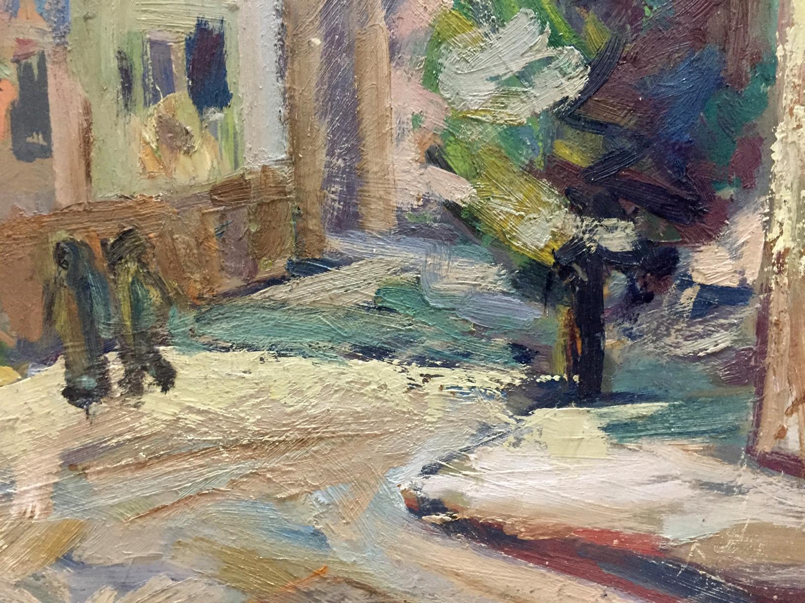 Impressionistic oil painting of snowy city street landscape