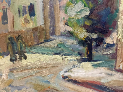 Impressionistic oil painting of snowy city street landscape