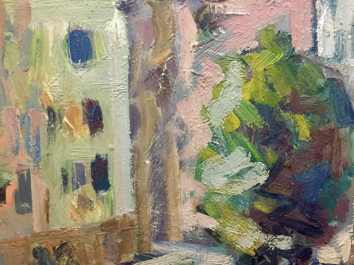 Textured impressionistic oil painting of city landscape with blue windows and green foliage in pink beige tones