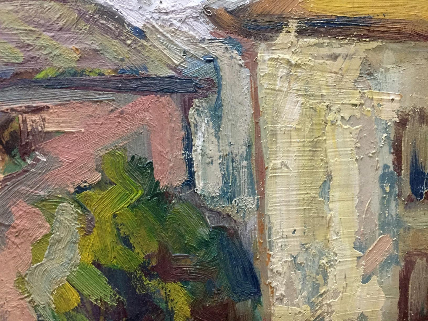 Oil painting of city landscape with textured green foliage on pink-white backdrop