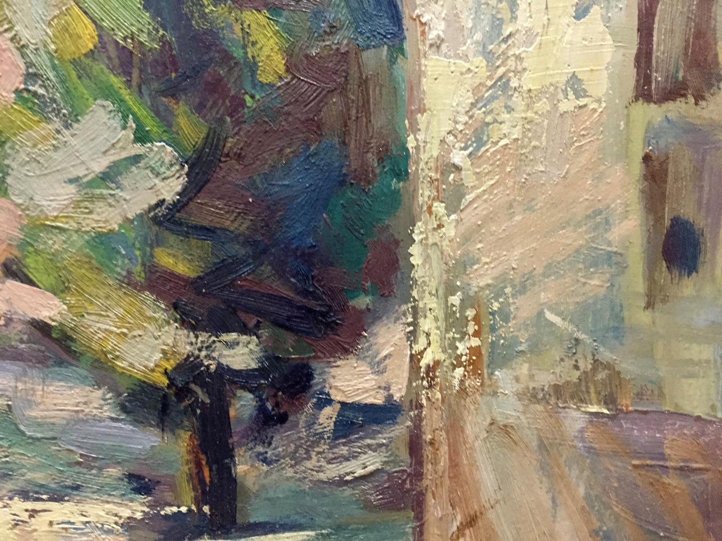Abstract oil painting of city landscape with bold textured brushstrokes in greens blues browns whites