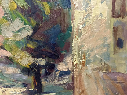 Abstract oil painting of city landscape with bold textured brushstrokes in greens blues browns whites