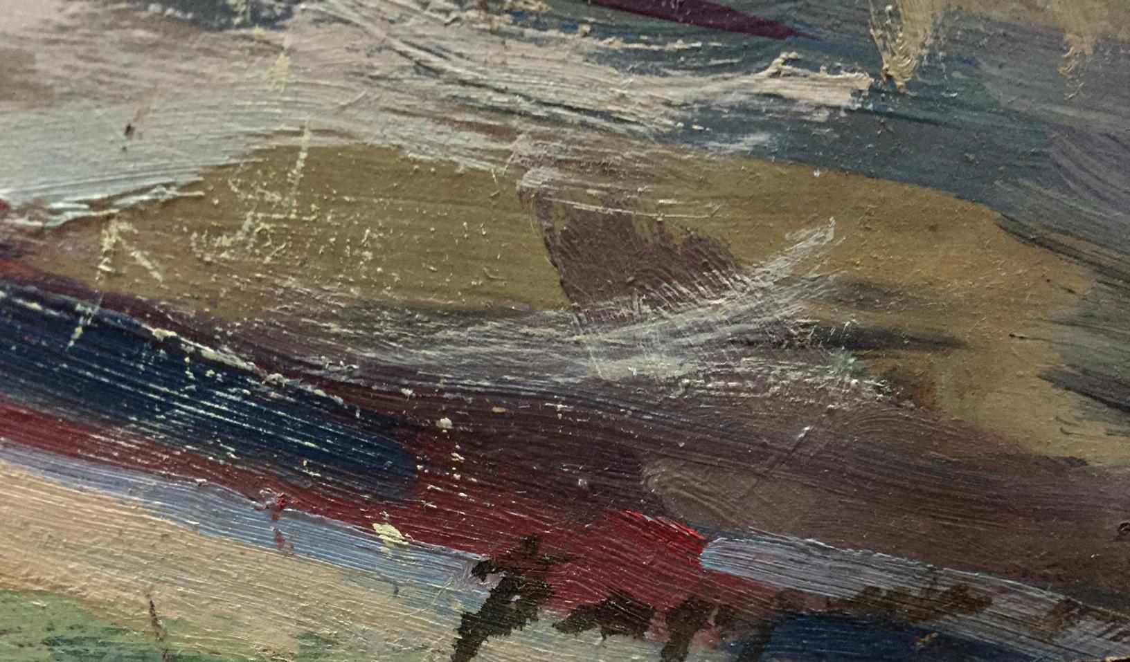 Abstract oil painting of city landscape in earthy browns, blues, reds