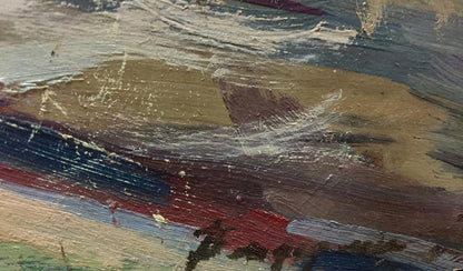 Abstract oil painting of city landscape in earthy browns, blues, reds