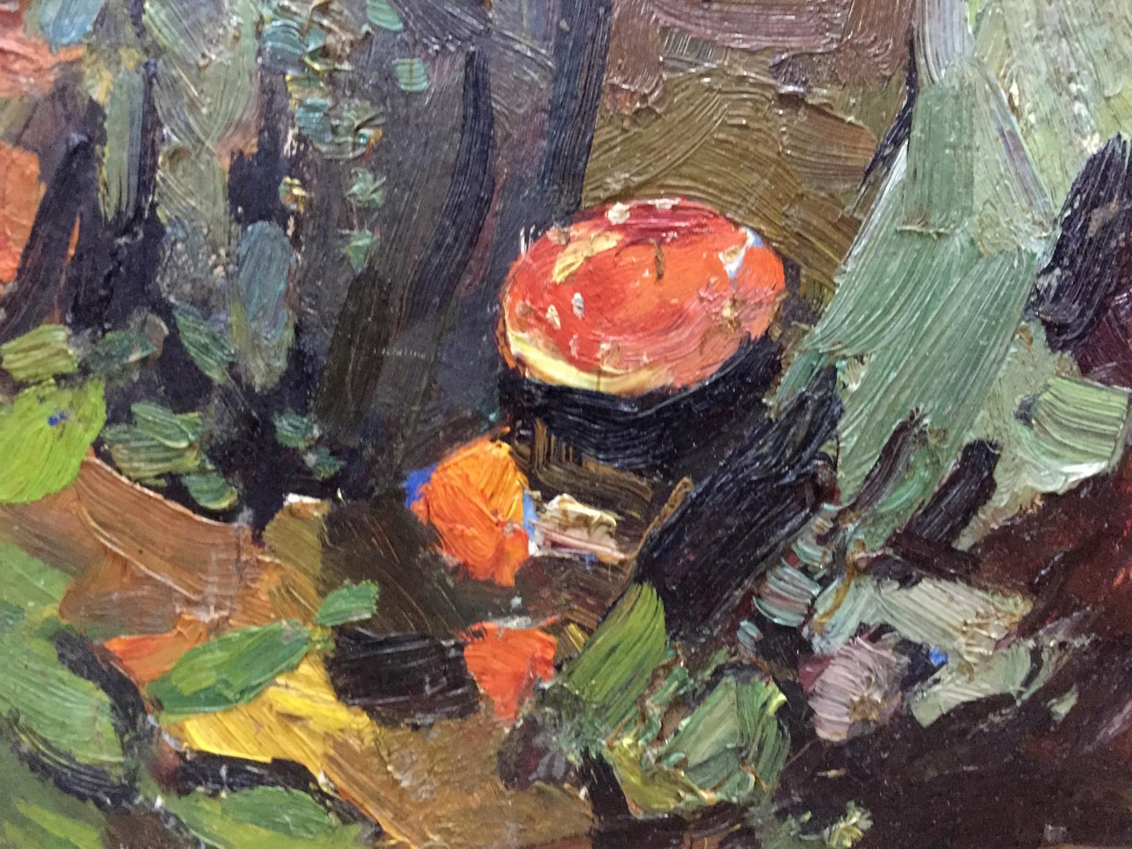 Vibrant red speckled mushroom glade oil painting by Moses Faybovich Gantman