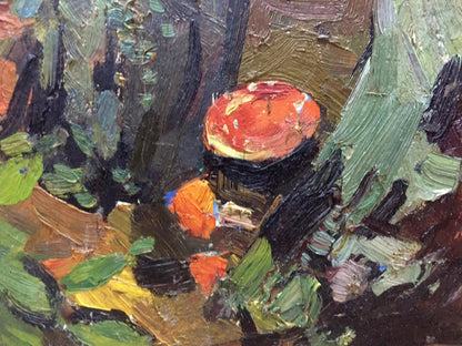 Vibrant red speckled mushroom glade oil painting by Moses Faybovich Gantman