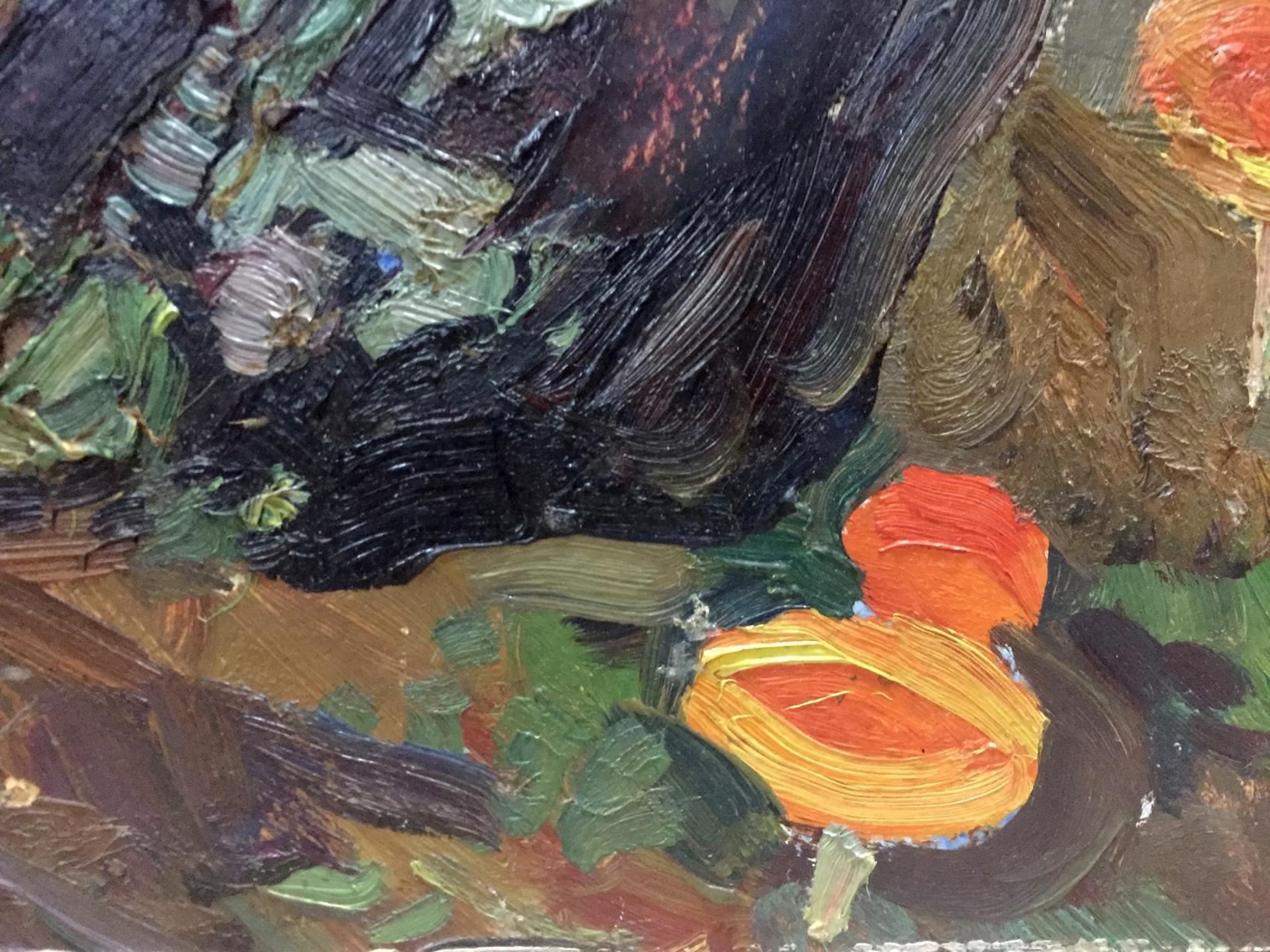 Oil painting of vibrant orange yellow mushrooms in glade by Moses Faybovich Gantman