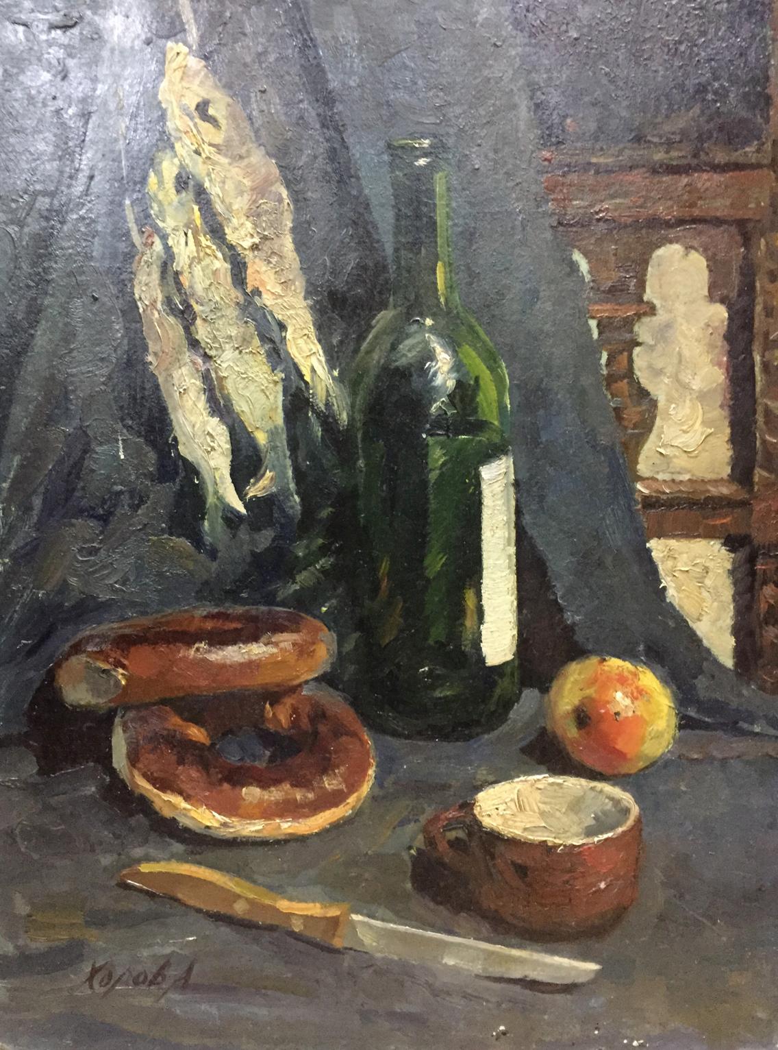 Dark green glass wine bottle with white label in Khorov Alexander oil painting