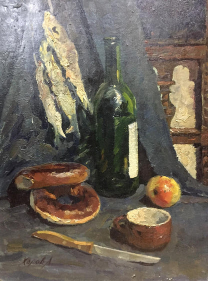Dark green glass wine bottle with white label in Khorov Alexander oil painting