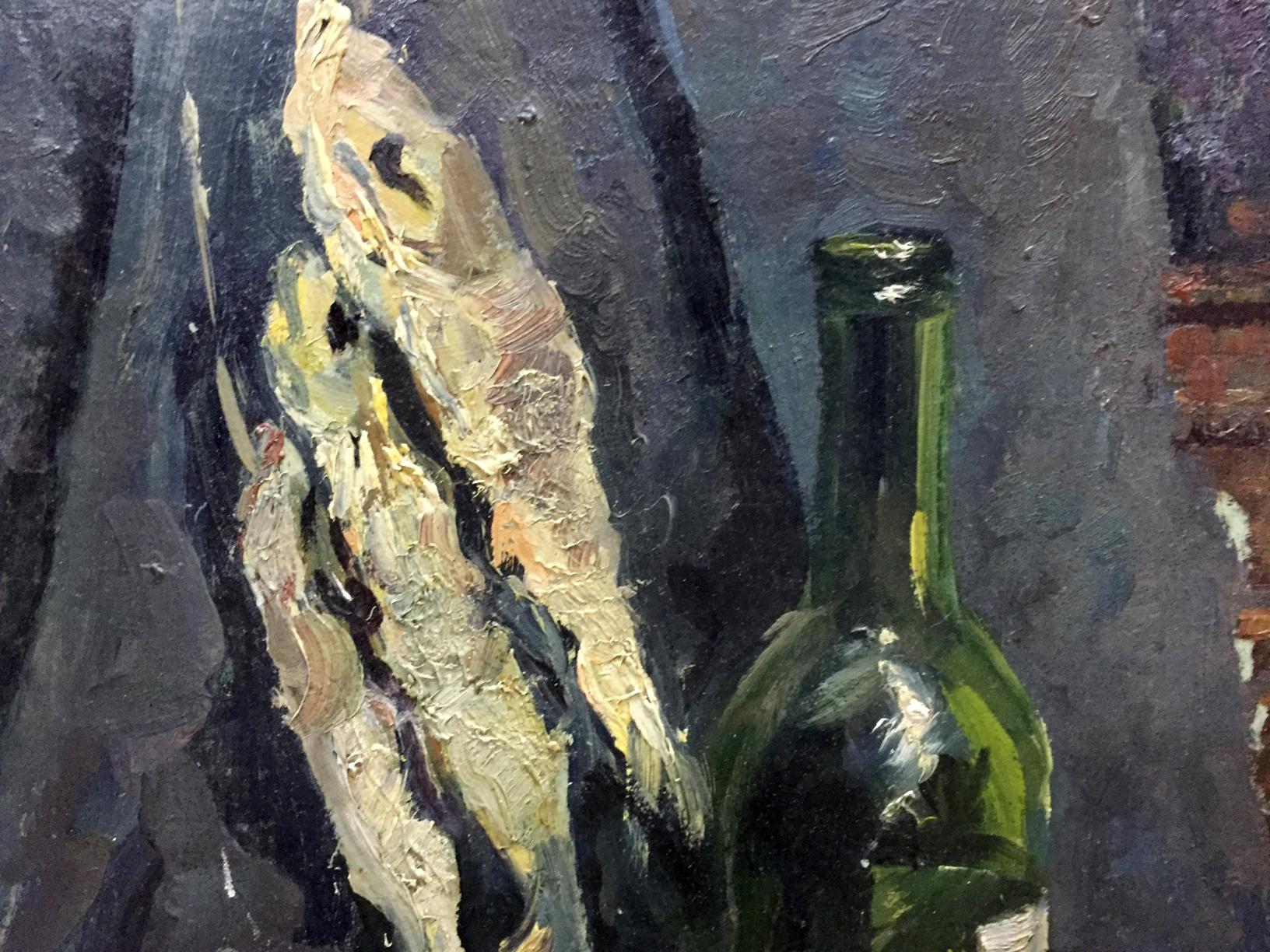 Oil painting of green glass wine bottle by Khorov Alexander