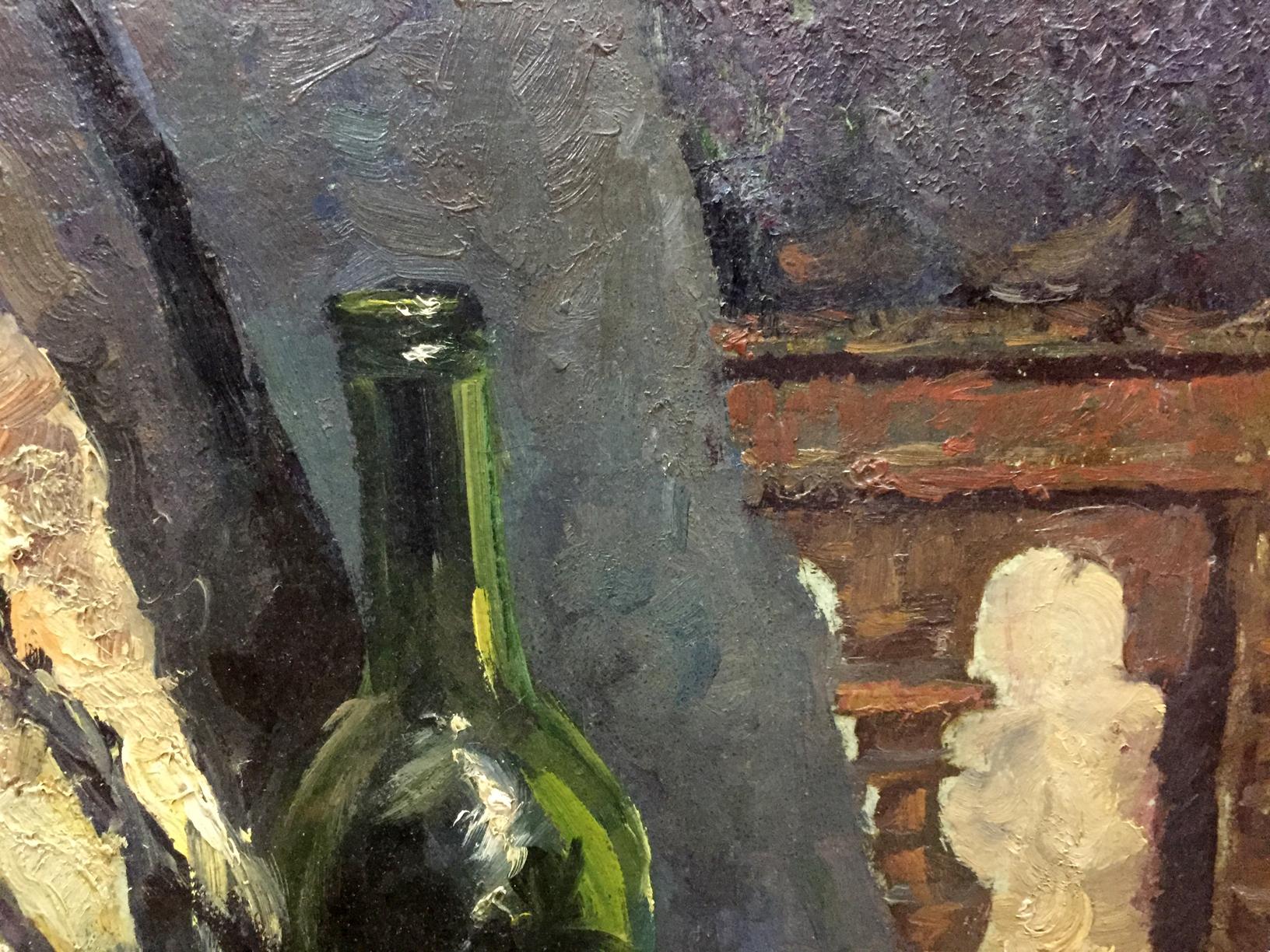 Oil painting Still life with bagels by Khorov Alexander textured green glass wine bottle