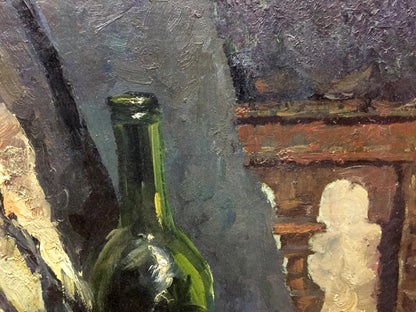 Oil painting Still life with bagels by Khorov Alexander textured green glass wine bottle