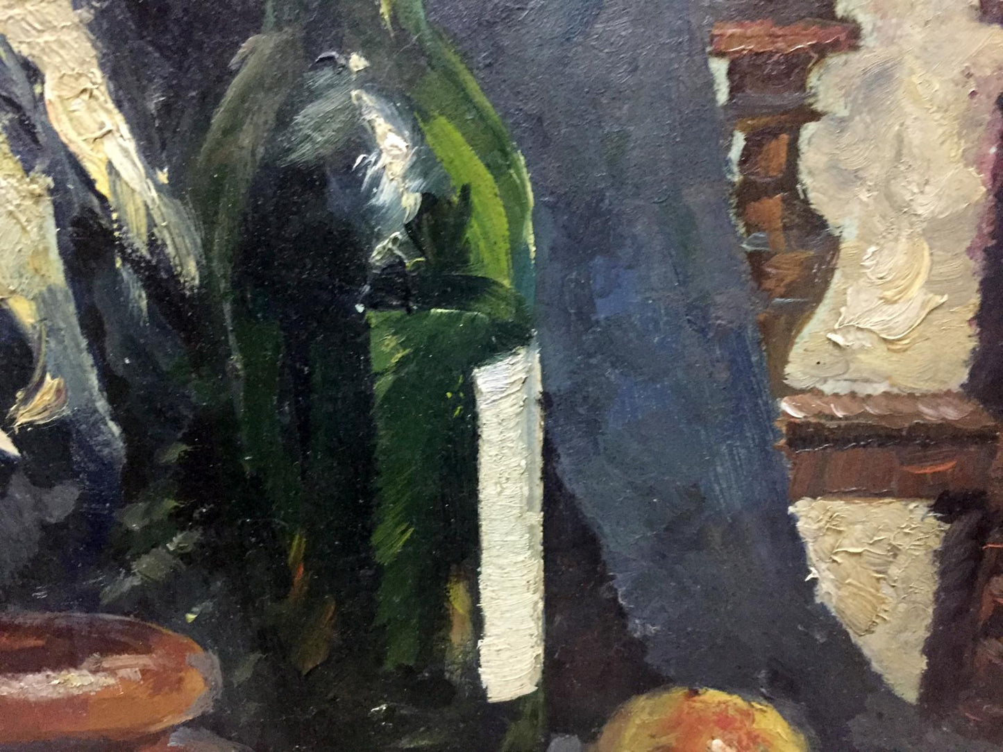 Oil painting of green glass wine bottle by Khorov Alexander
