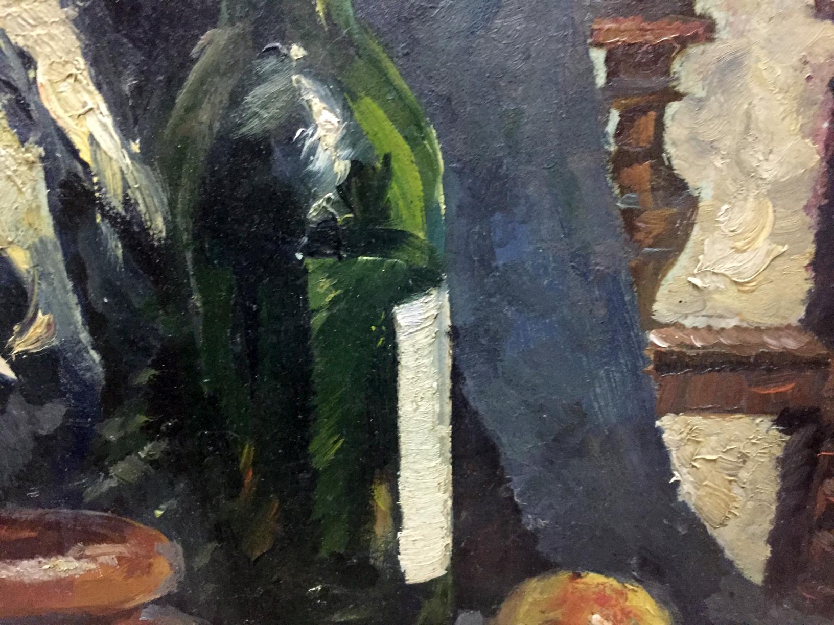 Oil painting of green glass wine bottle by Khorov Alexander