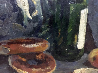 Oil painting of dark green glass bottle with white label behind two brown bagels by Khorov Alexander