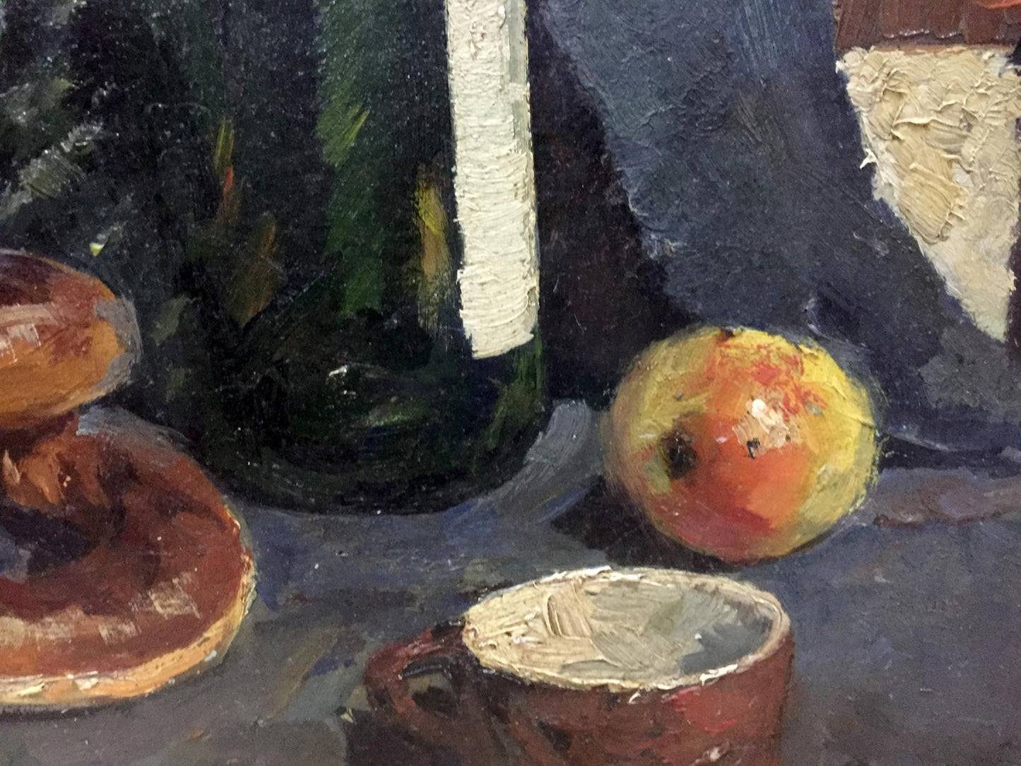 Oil painting Still life with bagels by Khorov Alexander, textured green bottle, apple, cup