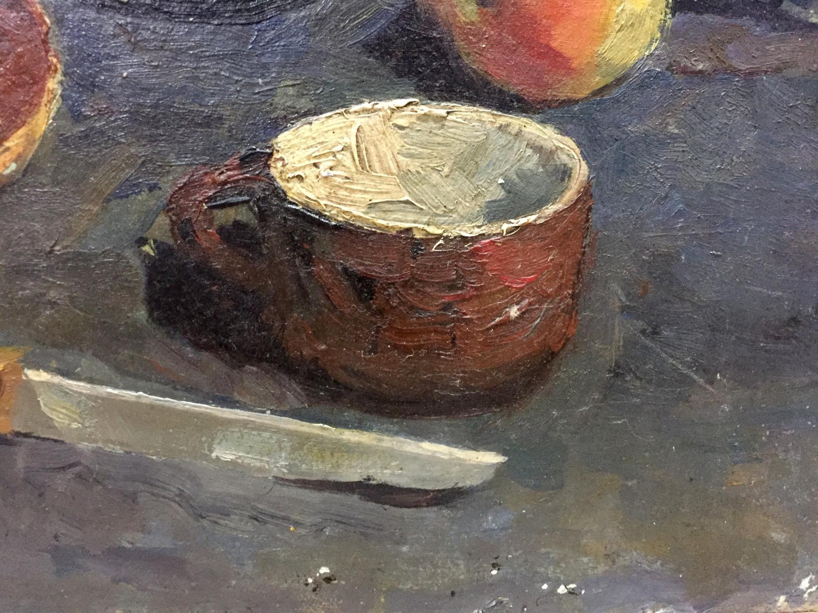 Oil painting still life with bagels by Khorov Alexander, textured reddish-brown ceramic cup