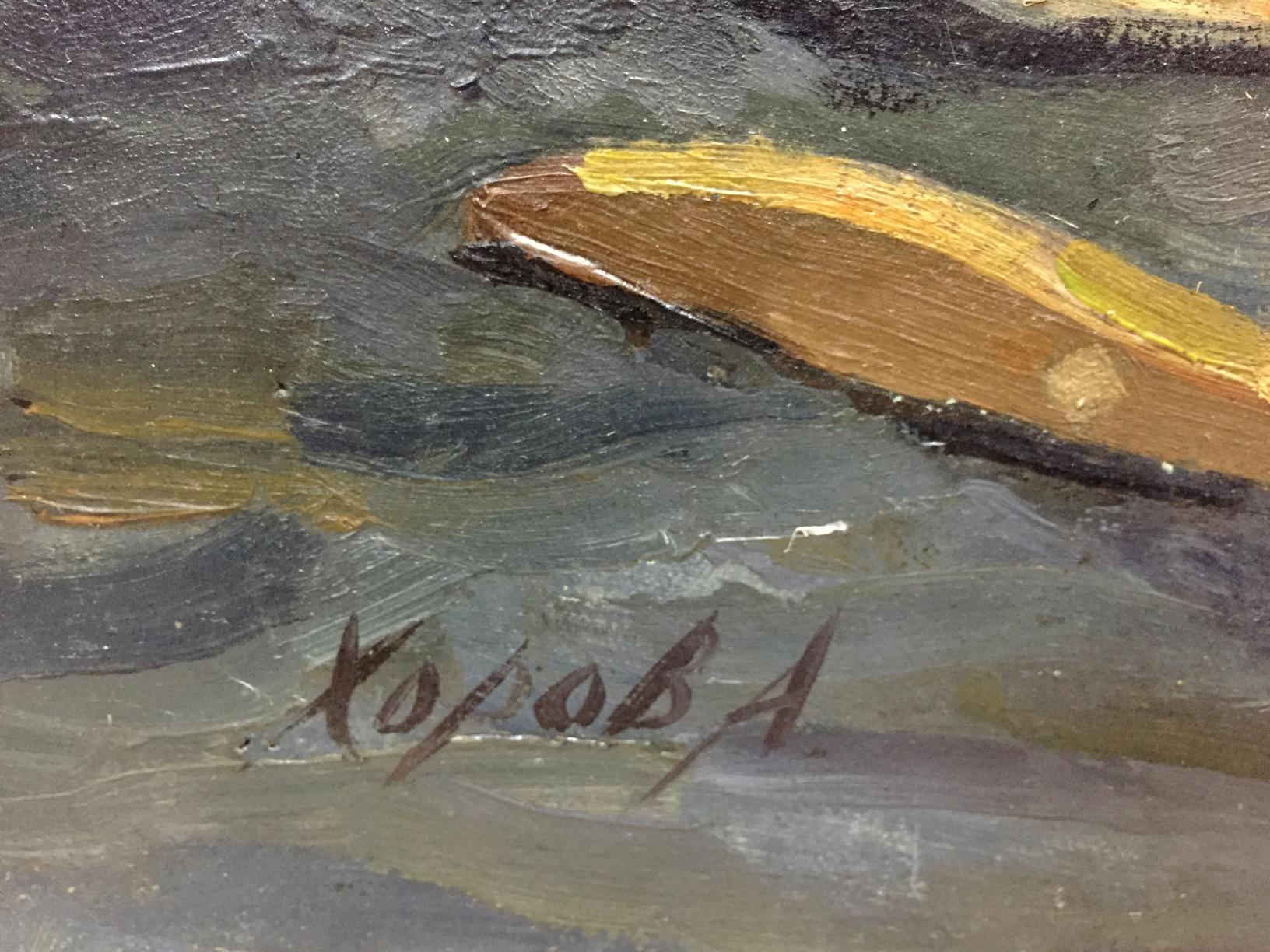 Oil painting of golden-brown fish in swirling water by Khorov Alexander