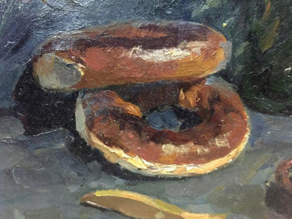 Oil painting of two golden-brown glossy bagels by Khorov Alexander