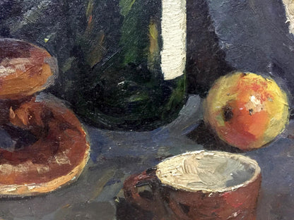 Dark green glass wine bottle with white label in Khorov Alexander oil painting