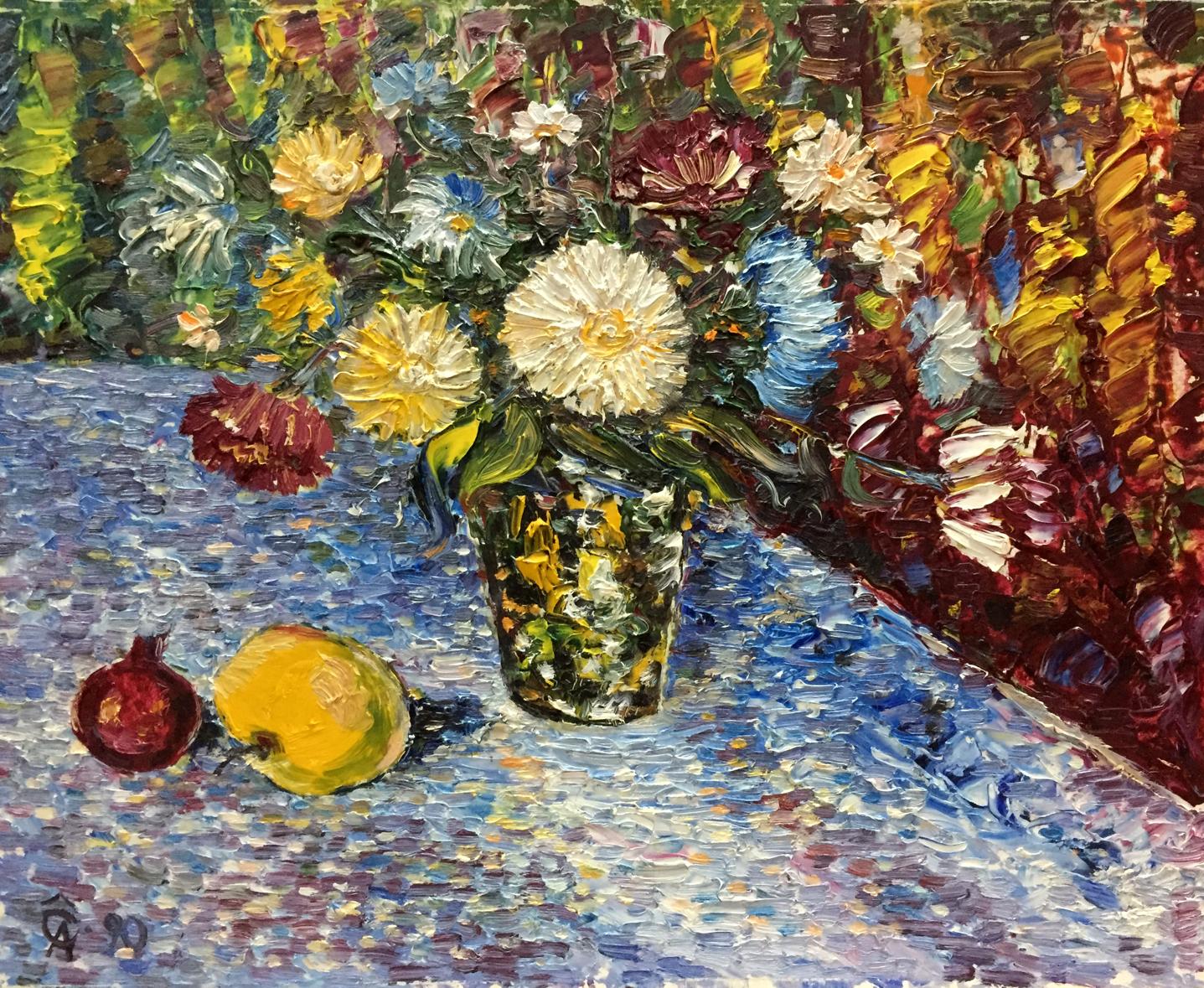 Oil painting of bouquet by Andreii Dmitrievich Chegodaev in green vase