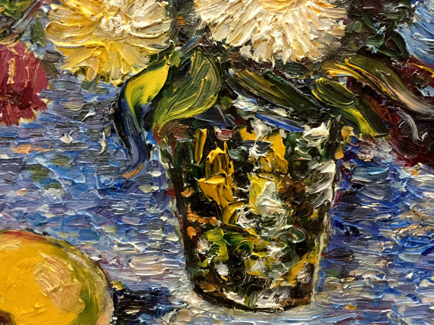 Oil painting of yellow white daisies in vase by Andreii Dmitrievich Chegodaev
