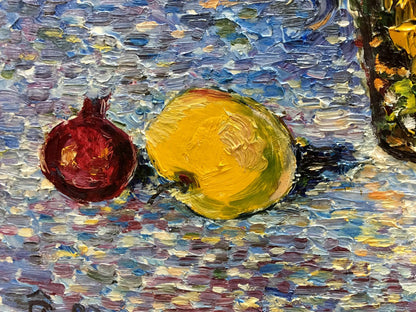 Oil painting by Andreii Dmitrievich Chegodaev: yellow lemon and red pomegranate