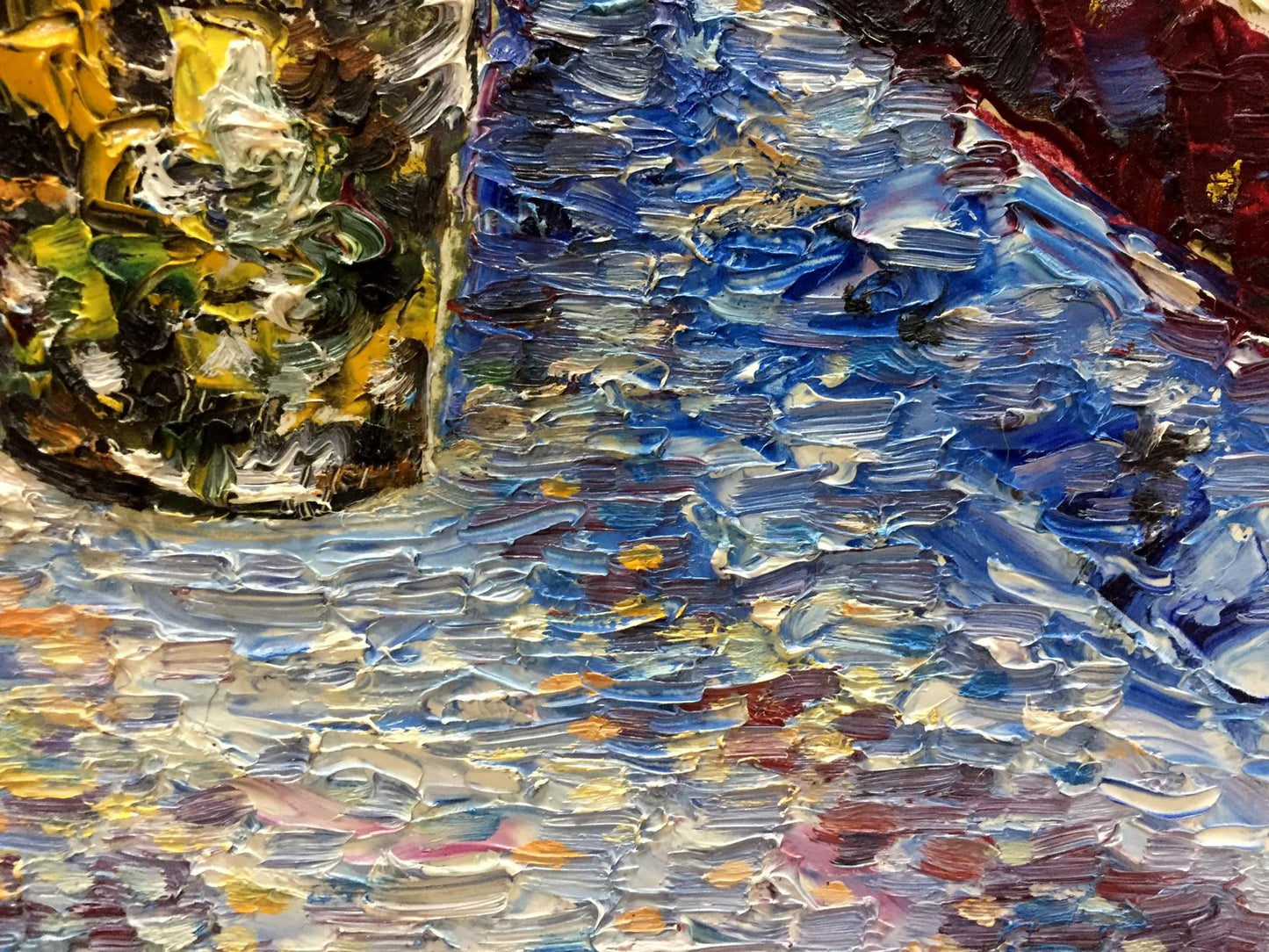 Vibrant oil painting Bouquet by Andreii Dmitrievich Chegodaev with bold blue yellow green strokes