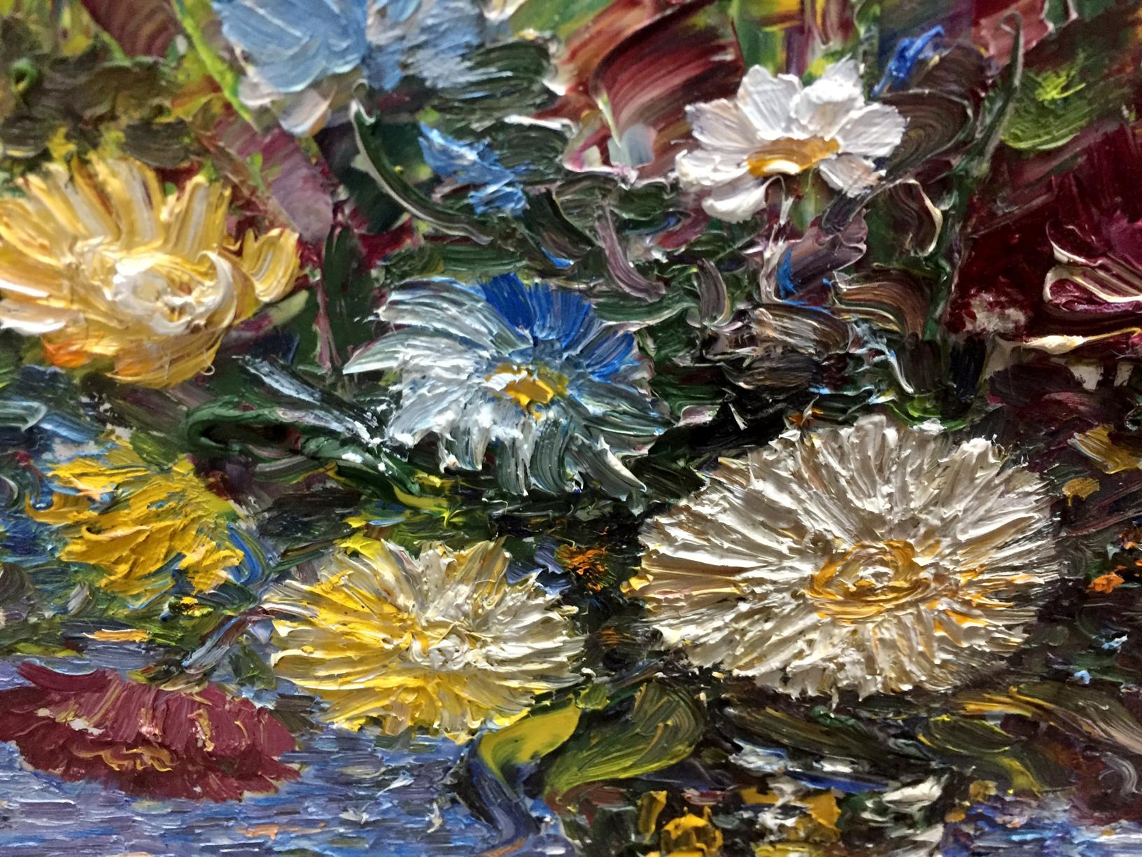 Vibrant impressionist oil painting of Chegodaevs yellow white blue daisy bouquet