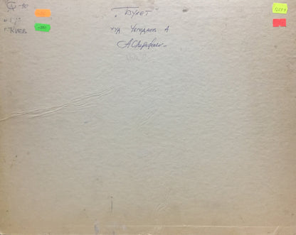 Back of beige textured book cover with Cyrillic script, notes, Chegodaev bouquet painting